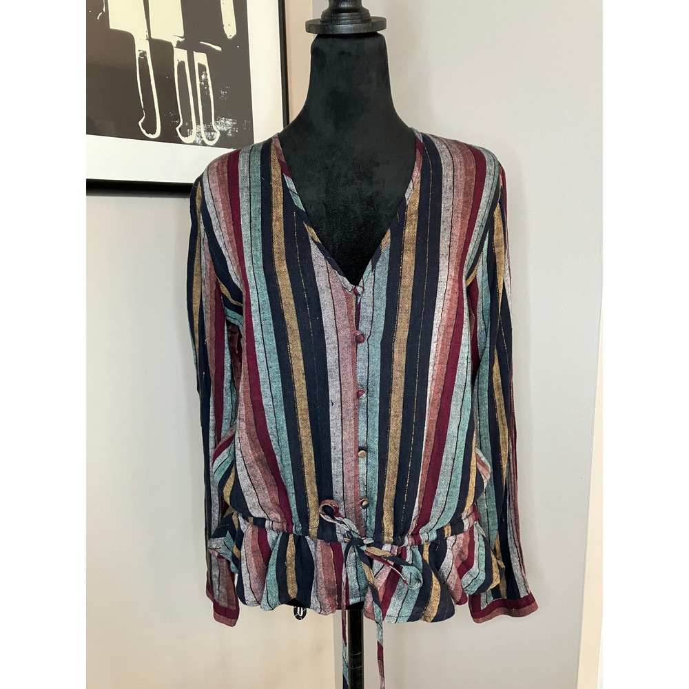 Rails Beaux Varadero Stripe Multicolor Tie‎ Waist Peplum Boho Retro Blouse Small - Picture 2 of 9